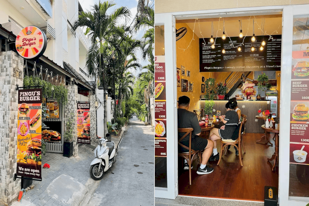 Pingu&rsquo;s Burger offers a cozy, home-like atmosphere with warm yellow lighting and simple, rustic decor (Source: Pingu's Burger - Healthy Fast Food)